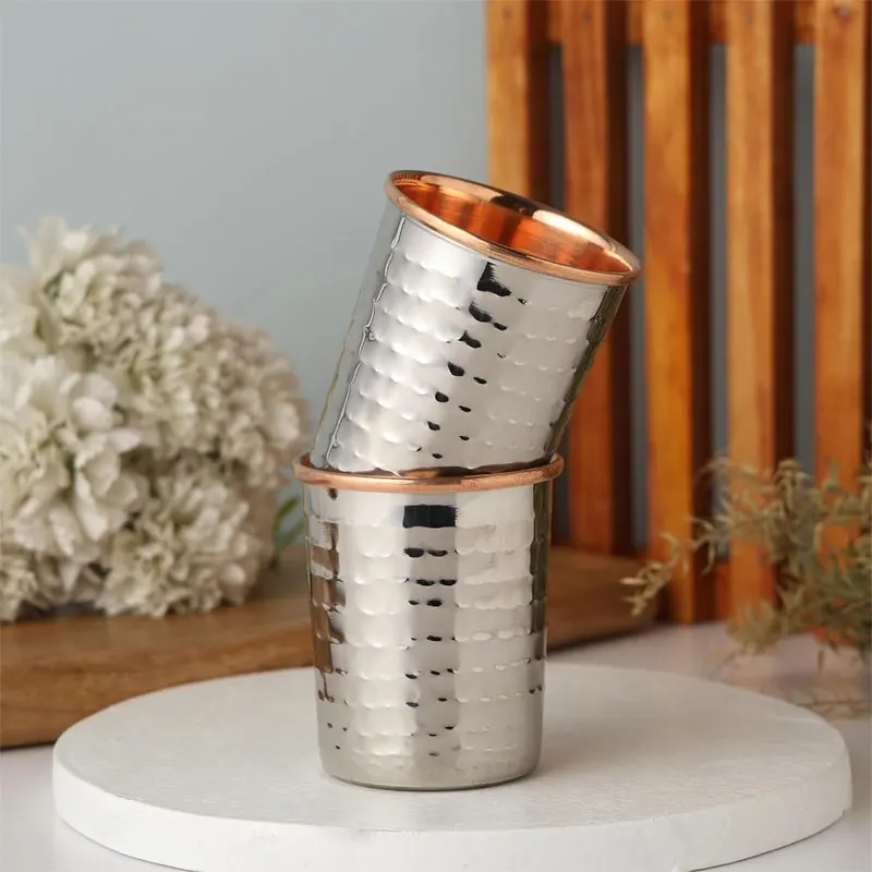 Set of 2 250ml (8.45 oz) Hammered Pattern Glass Tumblers Outer Stainless Steel Inner Pure Copper with Lid