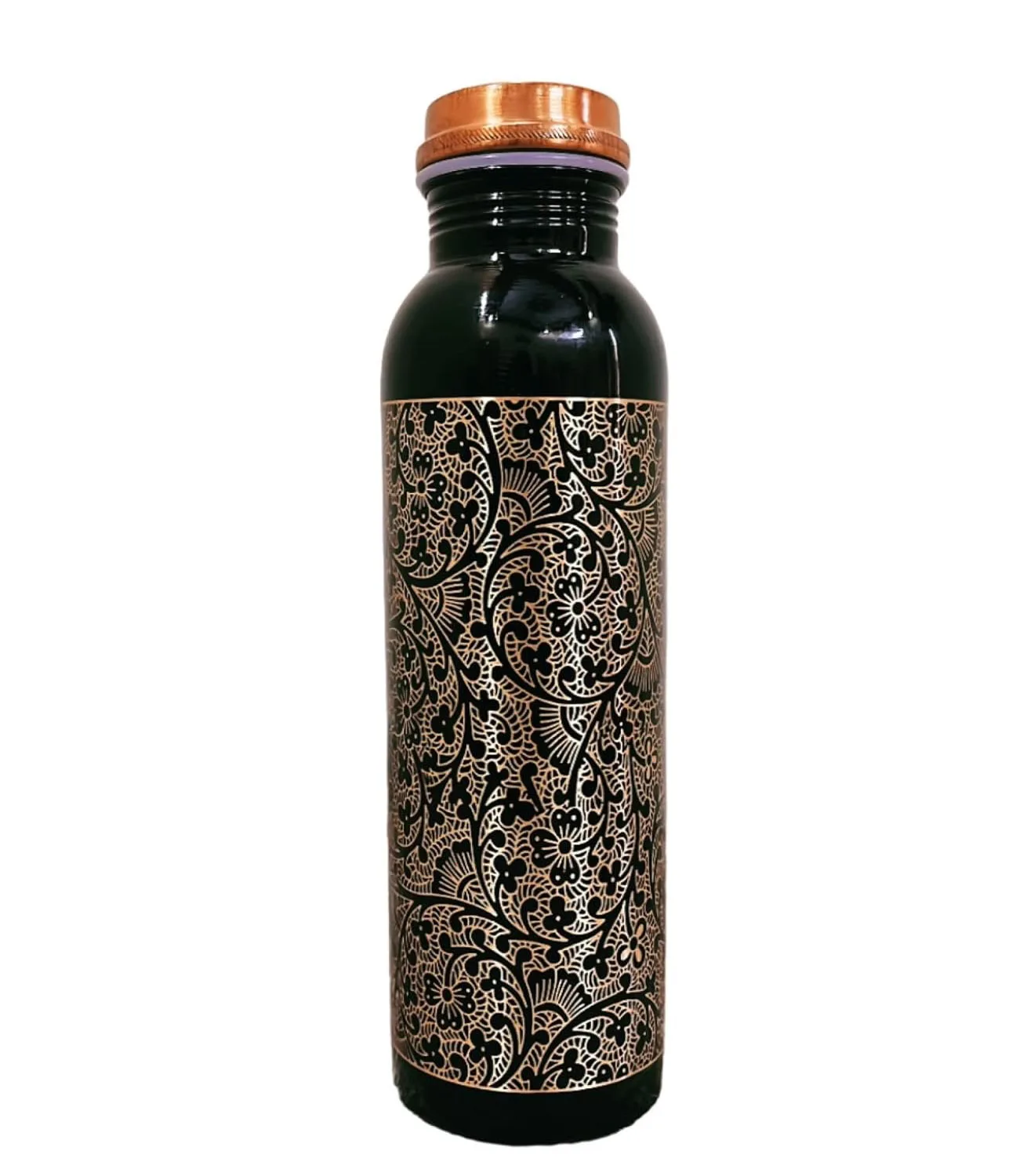 Exquisite Copper Water Bottle Hand Engraved Beautiful Design Glossy Black Metal Water Bottle (30 oz) With Copper Zinc Properties