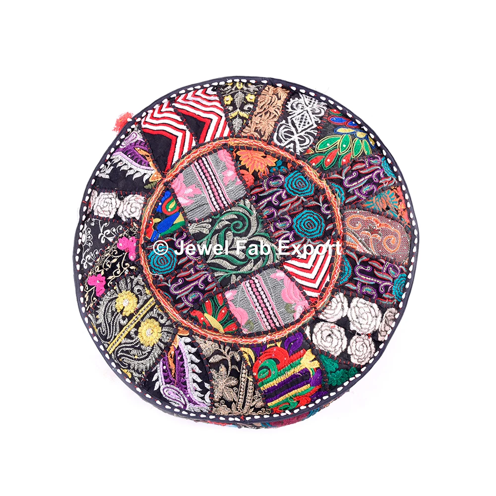 Home Decor Cotton Floral Patchwork Embroidered Ottoman Pouf Cover Blue Foot Stool Furniture Pouffes handmade premium