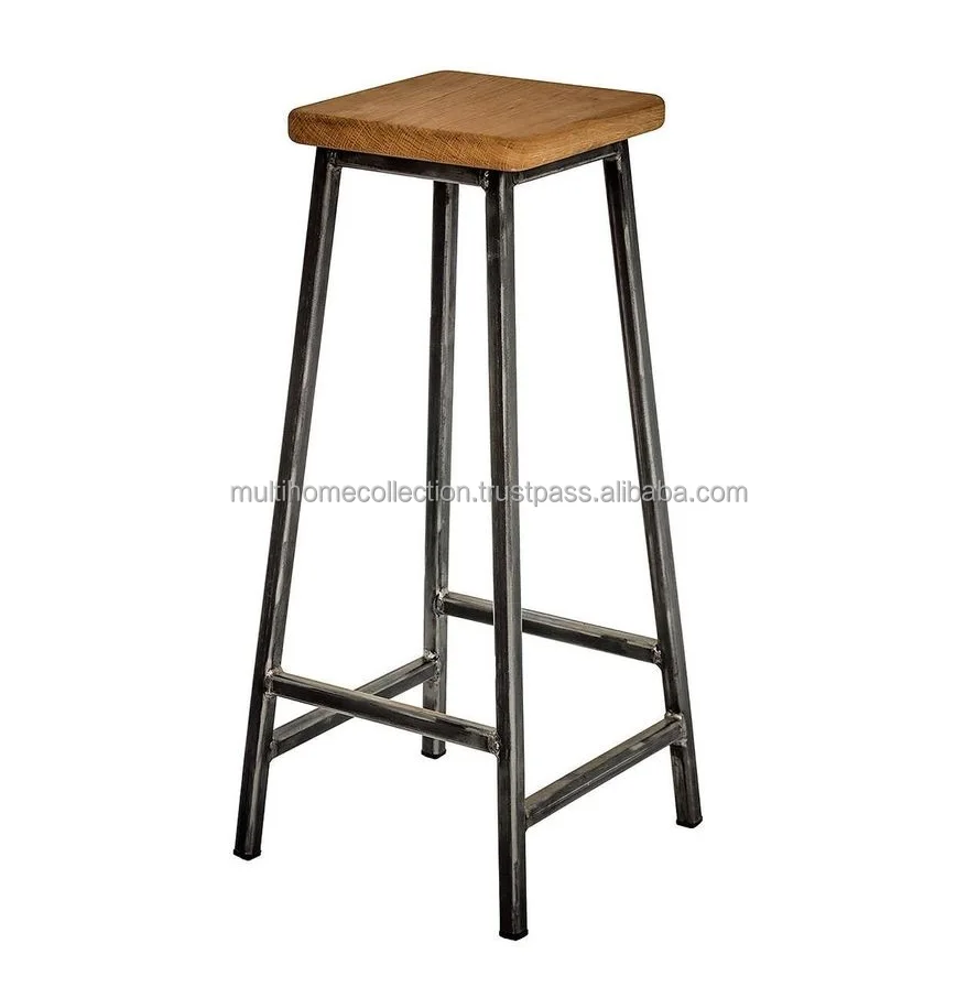 Indoor Outdoor Stool With Mean And Wooden Geometrical Round Base Metal Counter Bar Stool With Wooden Top