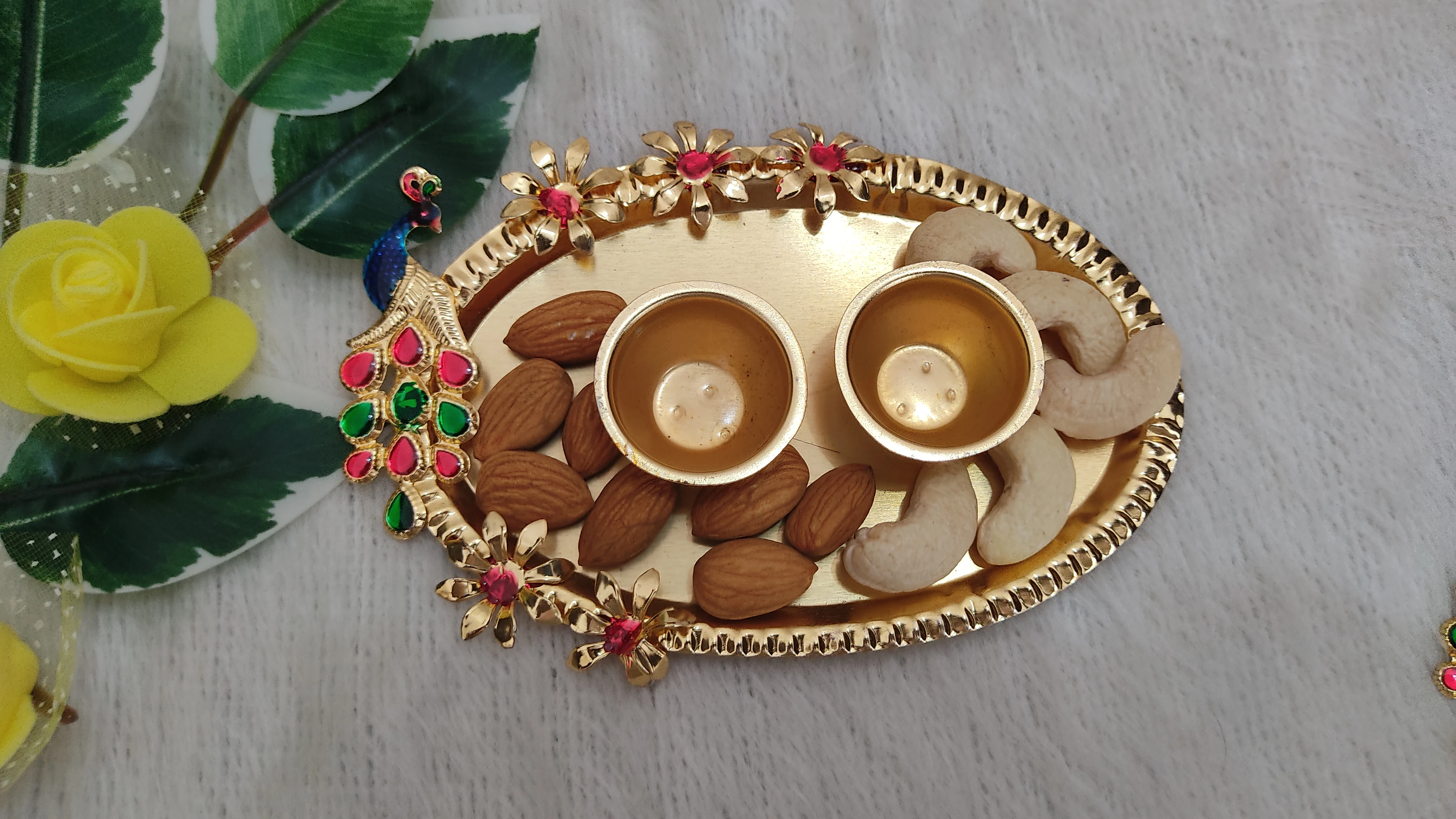 Indian Small Plate Of Kumkum Chabal For Puja, Handcrafted Puja Thali Religious Wedding Favors.