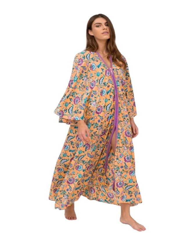 Long bell sleeve printed kaftan maxi dress with lace on front button down printed wide sleeve long dress