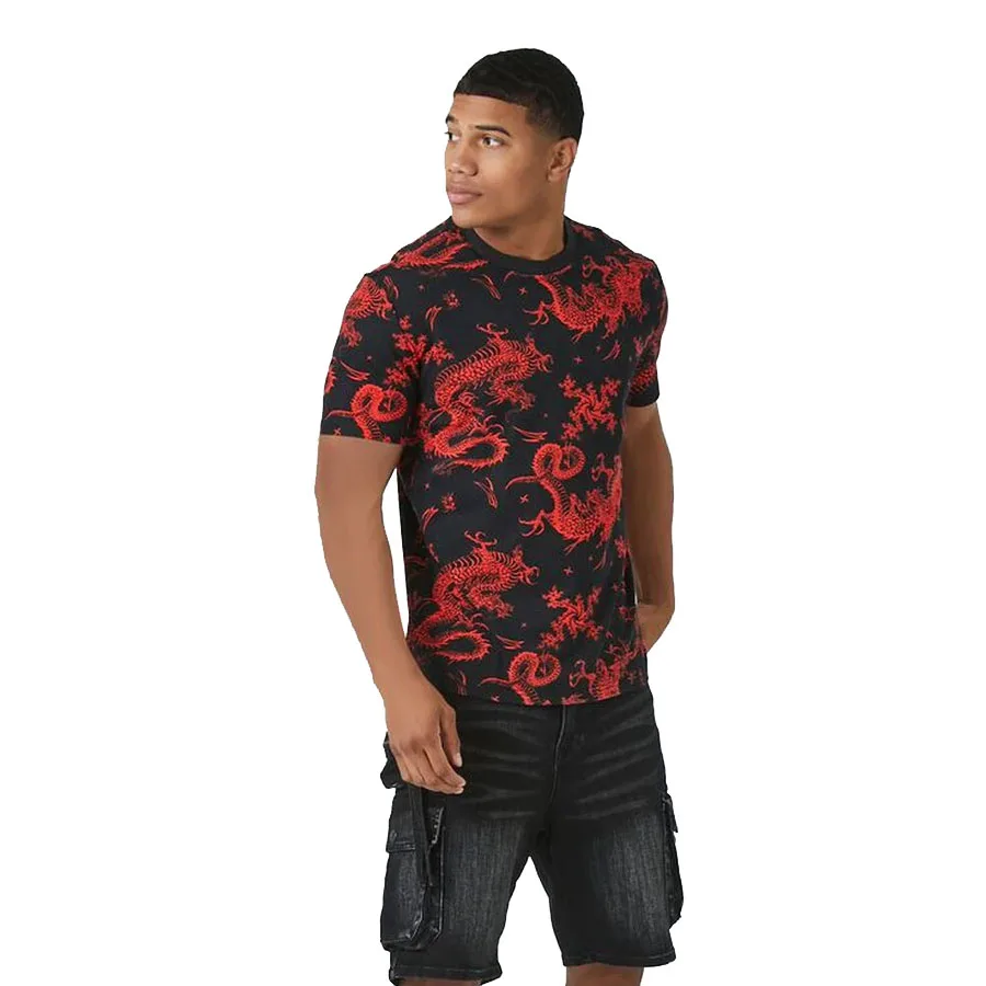 Most Demanding Men Fitted Black Casual T Shirt With Red Dragon Prints All Over And O Neck For Sale In Cheap Rates