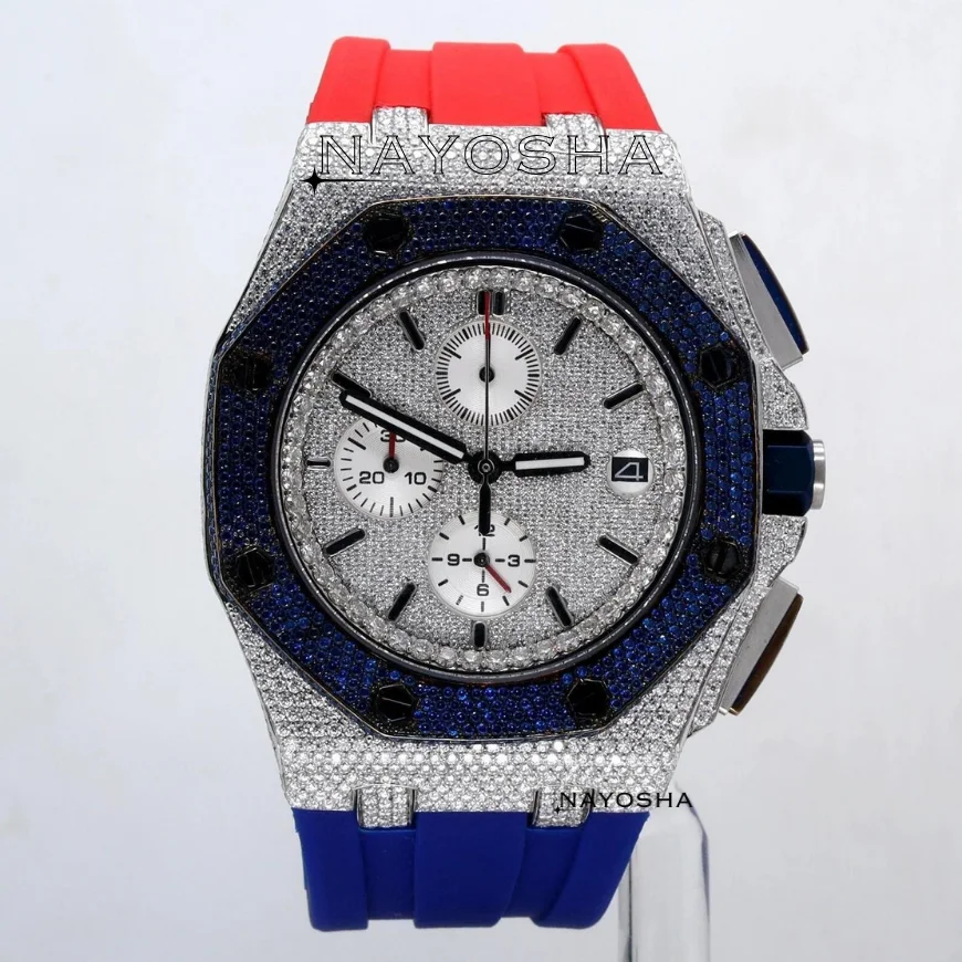 Trending Collection of Half Iced Out Wristwatch Two Tone Red Blue Rubber Belt Black Moissanite Diamond With Vvs Clarity For Men