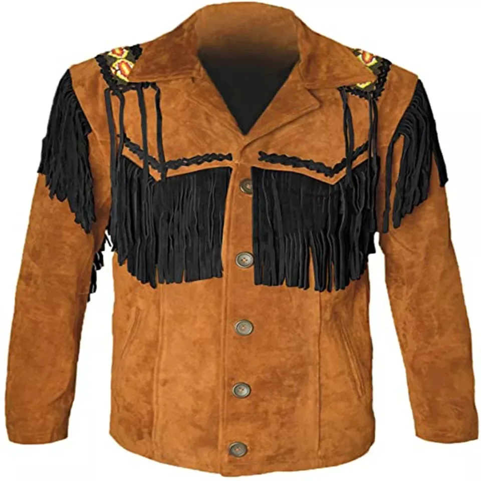 Best Selling Men Western Style Fringed & Beaded Black Color Tassels Cowboy Leather Jacket