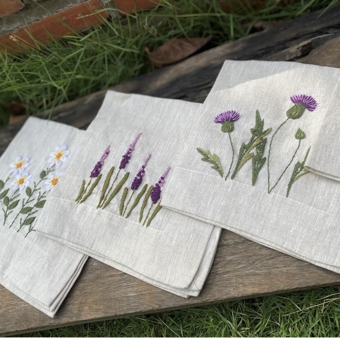 Rustic Natural Linen Handkerchief Personalized Hand Embroidered Spring Blooms Wildflowers Square Tablecloth Cloth Napkins