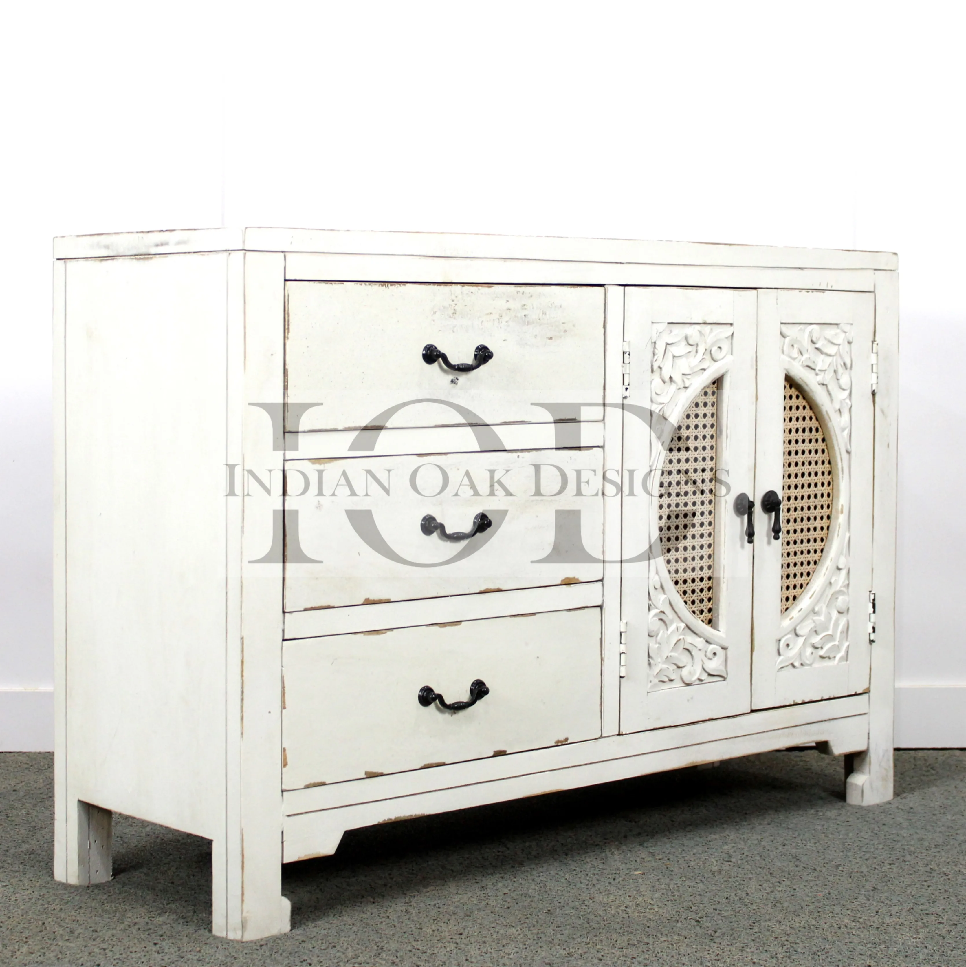 Indian Rattan Distressed Shabby Chic Natural Wooden Wicker Handmade Hand Carved Rattan Storage Cabinet Dresser Buffet Cupboard