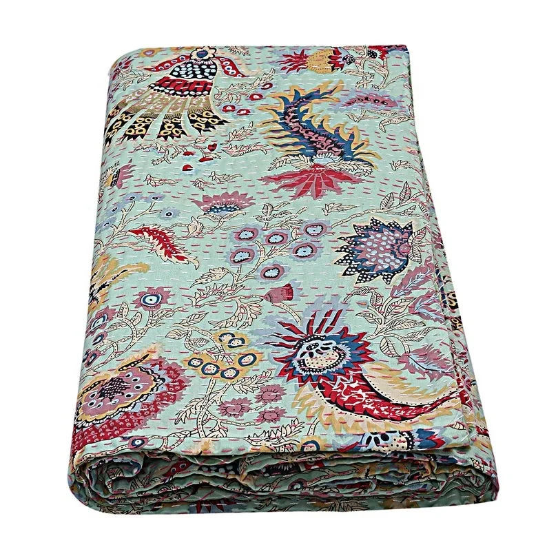 Indian Cotton Kantha Throw Hand Stitched Kantha Blanket Handmade Floral Design Kantha Quilt