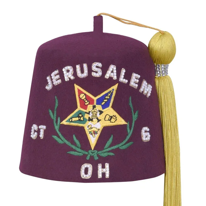 Order of the Amaranth Fez Hat Star With Green Wreath & Single Row Rhinestones & Gold Tassel on Top OEM