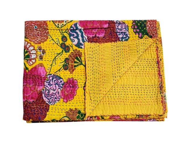 Yellow Fruit Print Kantha Quilt Indian Handmade Throw Reversible Blanket Bedspread Fabric BOHEMIAN boho quilt bedding coverlets