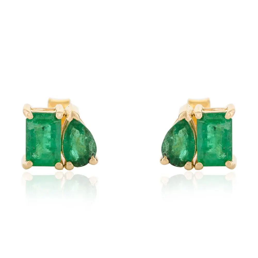Trending Luxury Best Quality 100% Genuine Emerald Pear and Octagon Shape two Stone Stud Earrings in 18k Solid Yellow Gold