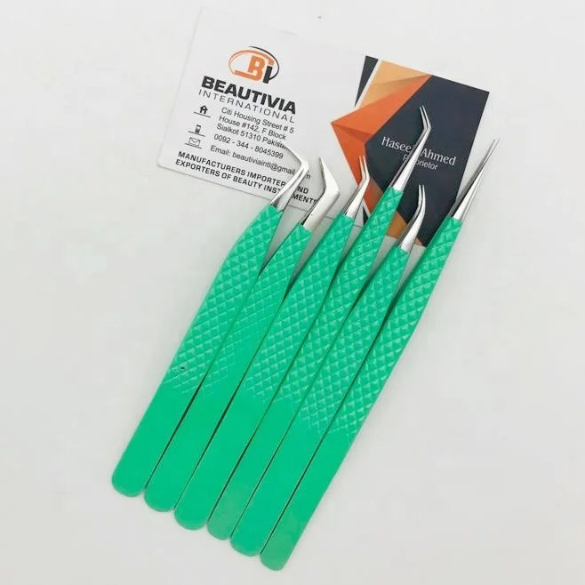 Light Green Color Coated Stainless Steel Eyelash Extension Tweezers With Private Logo