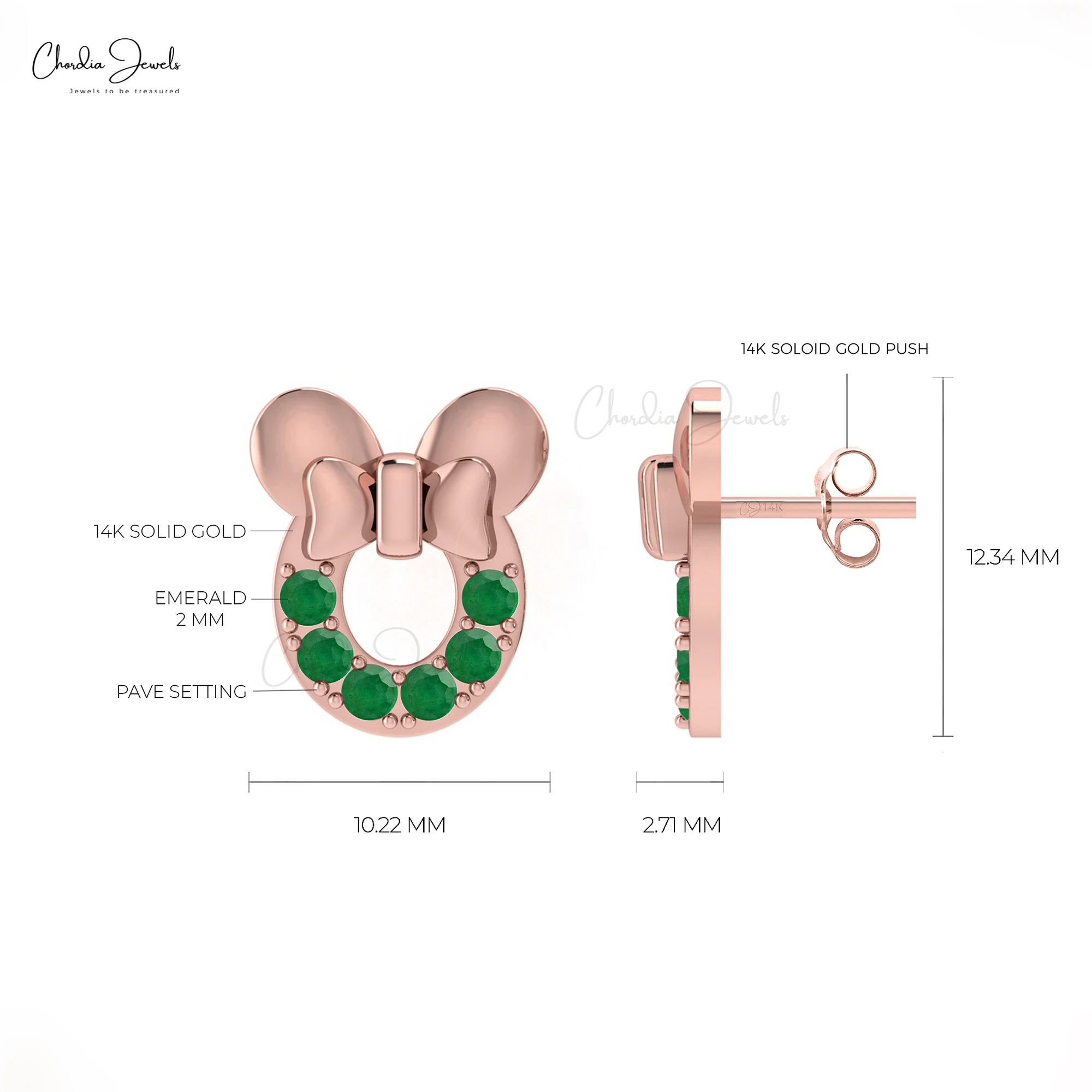 100% Natural 2mm Zambian Emerald Mickey Mouse Studs 14k Real Gold Gemstone Kids Earrings Wholesale Jewelry Factory Drop-Shipping