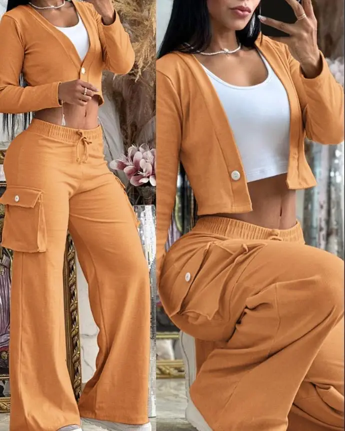 2024 Two-Piece Patchwork Wide-Leg Pants Pocket Short-Sleeved Top Latest Styles Custom Acid Wash Set Women Suits Office Formal