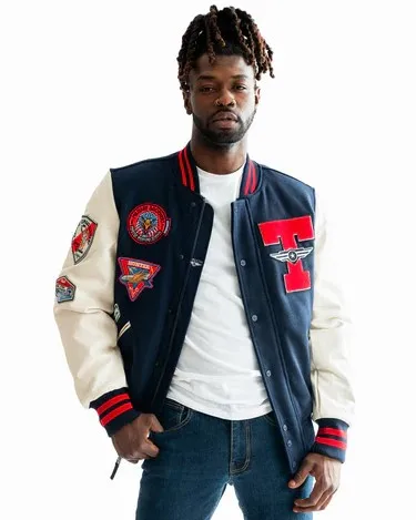 new style black and white varsity jacket with embroidery patches also patches on sleeves and back side