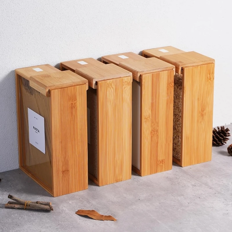 Kitchen Serving Storage Container with Airtight Wooden Lids, Cereal Dispenser Jars for Spaghetti Pasta, Powder, Spice, Tea