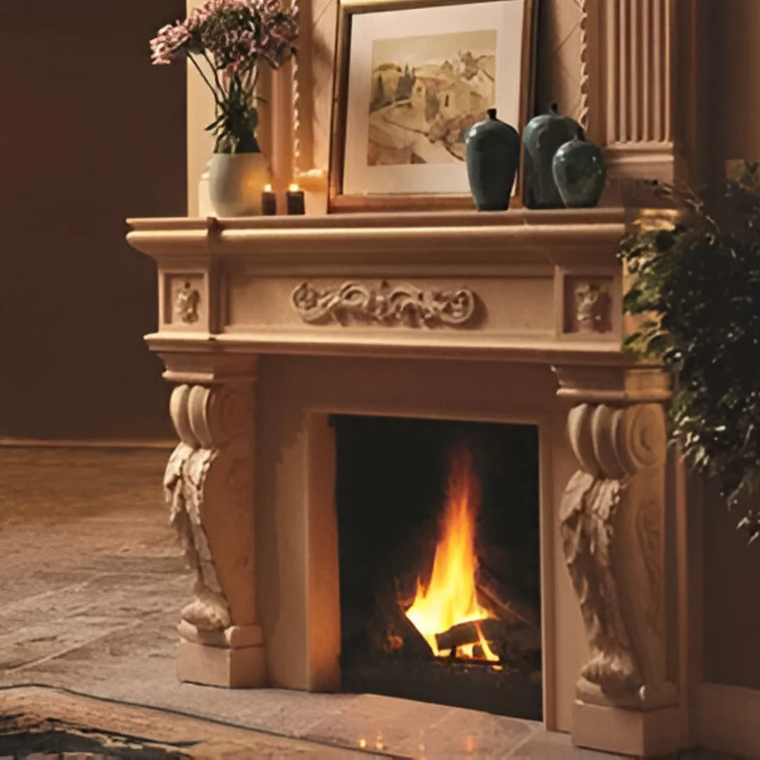 Home Decorative Electric Fireplace Mantel Hand Carved Indoor Beige White Surround Guaranteed lowest price