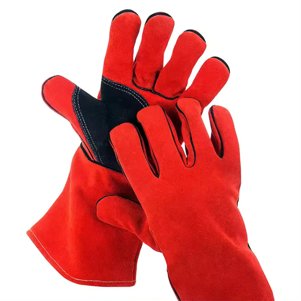 Heat Resistant red palm welding gloves / Custom logo black cow split leather yellow double palm welding gloves