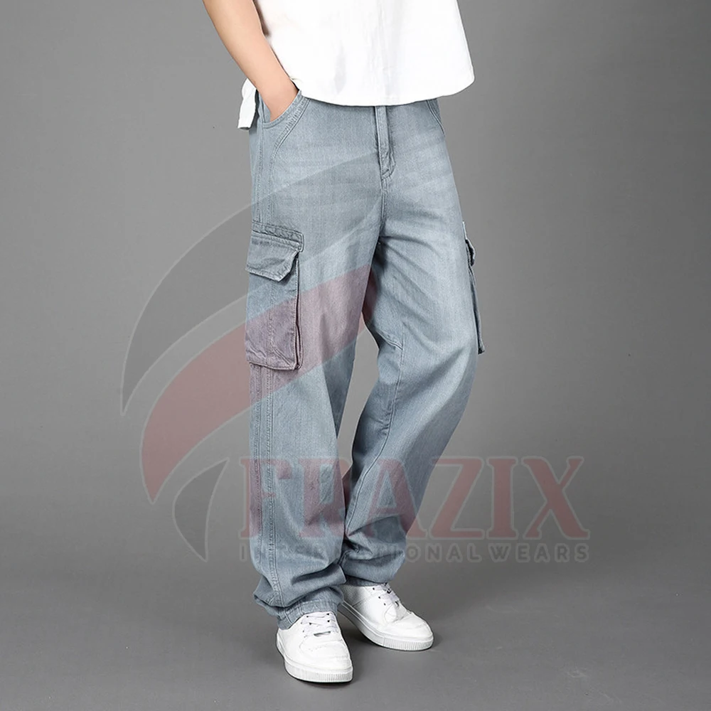 Sport Casual Pants Streetwear Loose Straight Fit Jeans High Waist Thick Men Cargo Pants Jeans