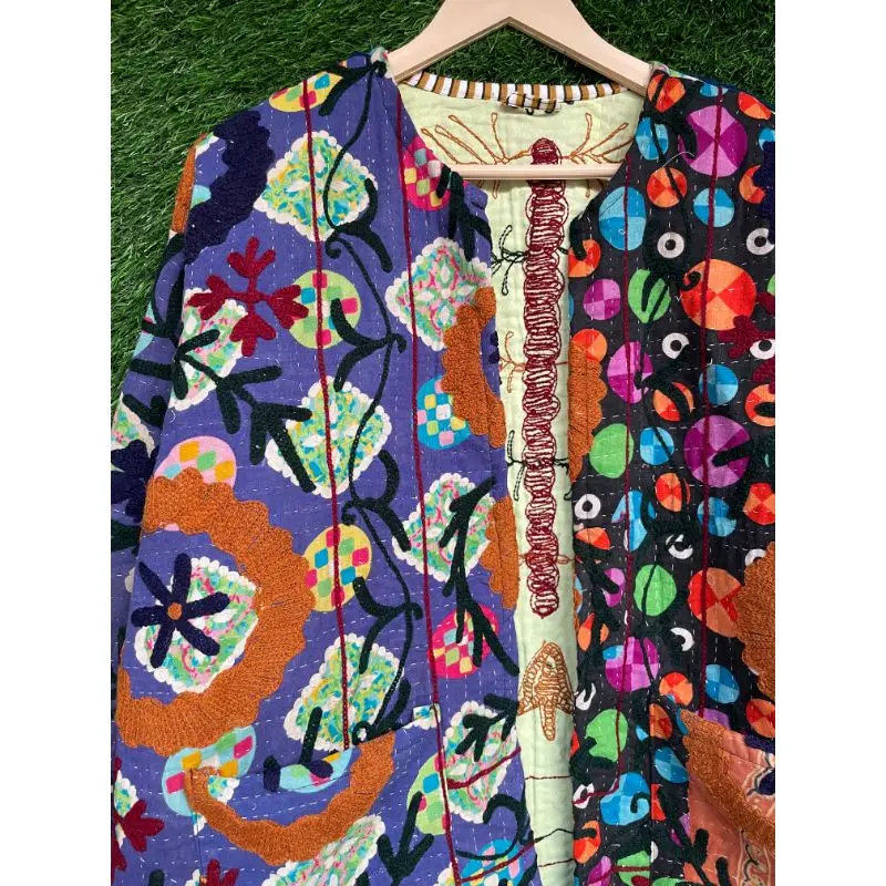 Indian Cotton Vintage Quilted Kantha Jacket Uzbek Suzani Hand Embroidered Winter Coat Unisex Party Wear Jacket Handmade Gudri