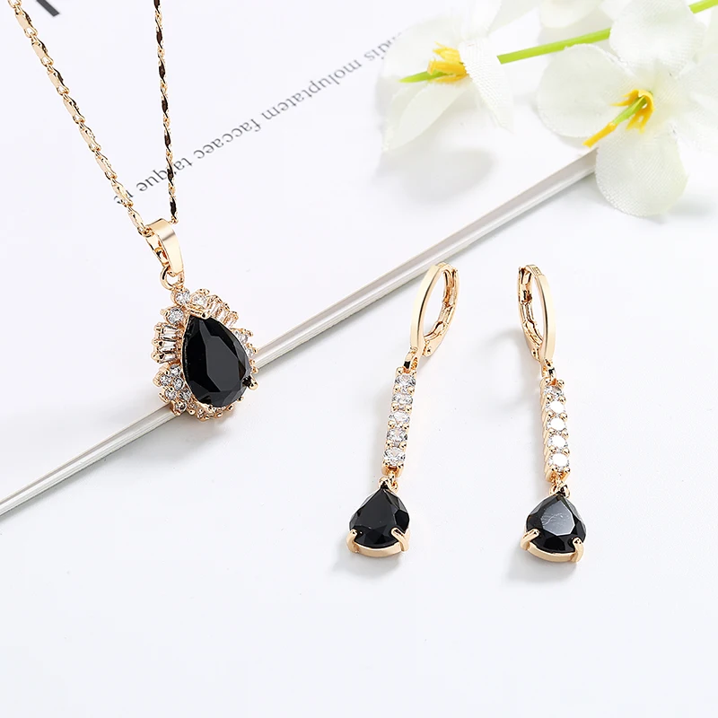 QUALITY AAA CZ STONE 18k gold plated luxury cubic zirconia long drop earrings and pendant necklace party wedding sets jewelry
