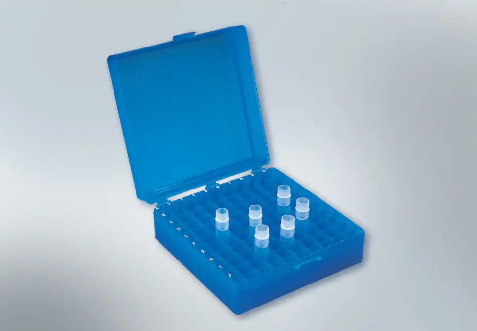 Cryo Box Moulded in polypropylene the top of the box is attached to the bottom through well designed built in hinges