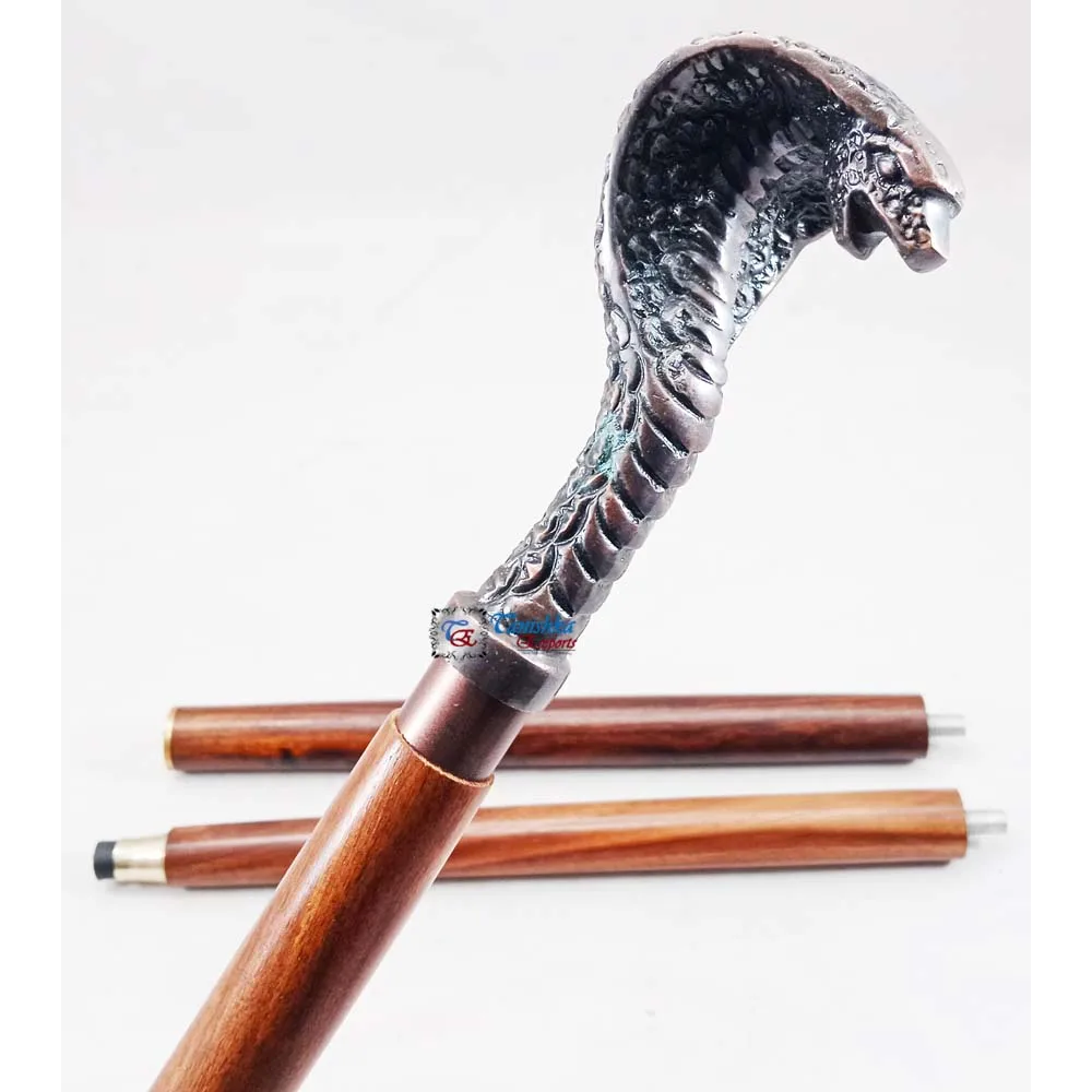 Metal Made Copper Antique King Cobra Snake Head Handle with Wooden Walking Cane Hiking Camping Walking Stick Halloween Gift