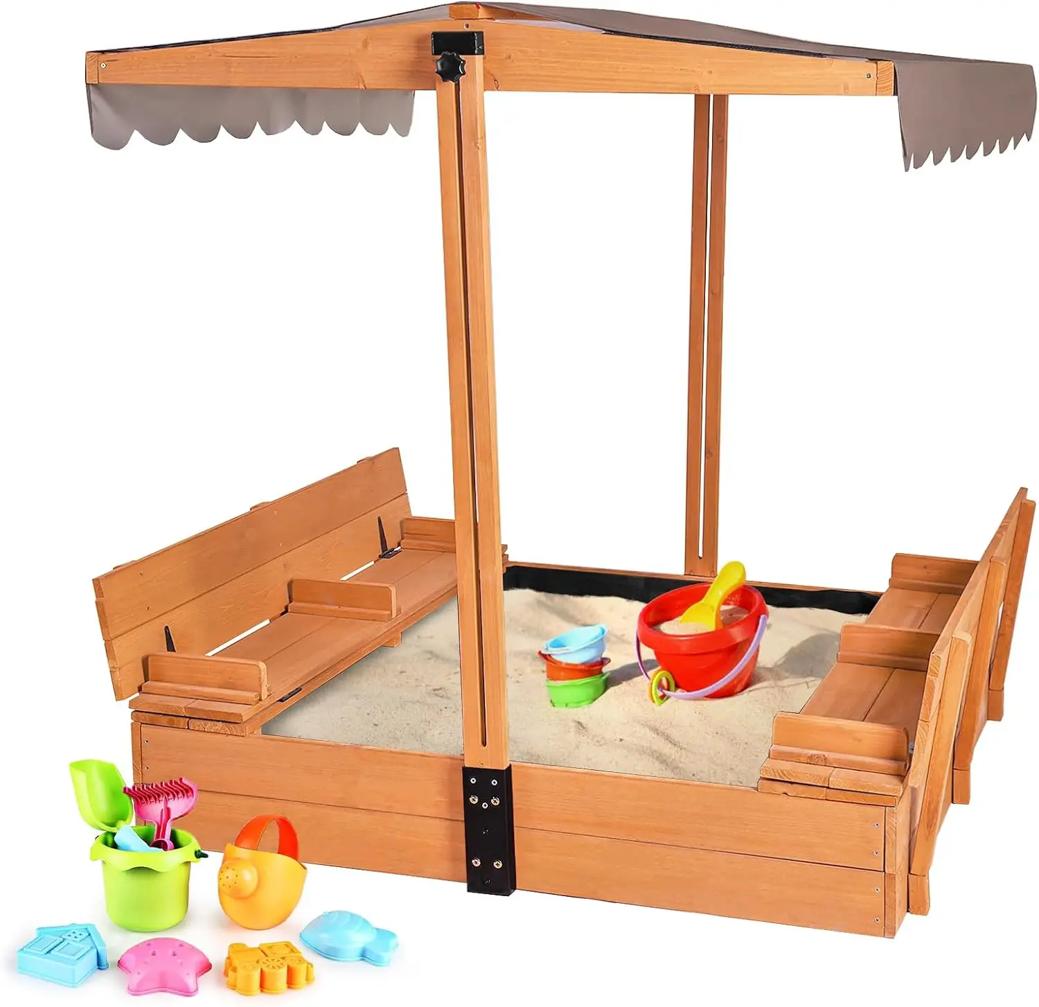 Wholesale Outdoor Wooden Sandbox with Cover for Kids Adjustable Canopy Sand pit Foldable Bench Seats Sand Box Made in Vietnam