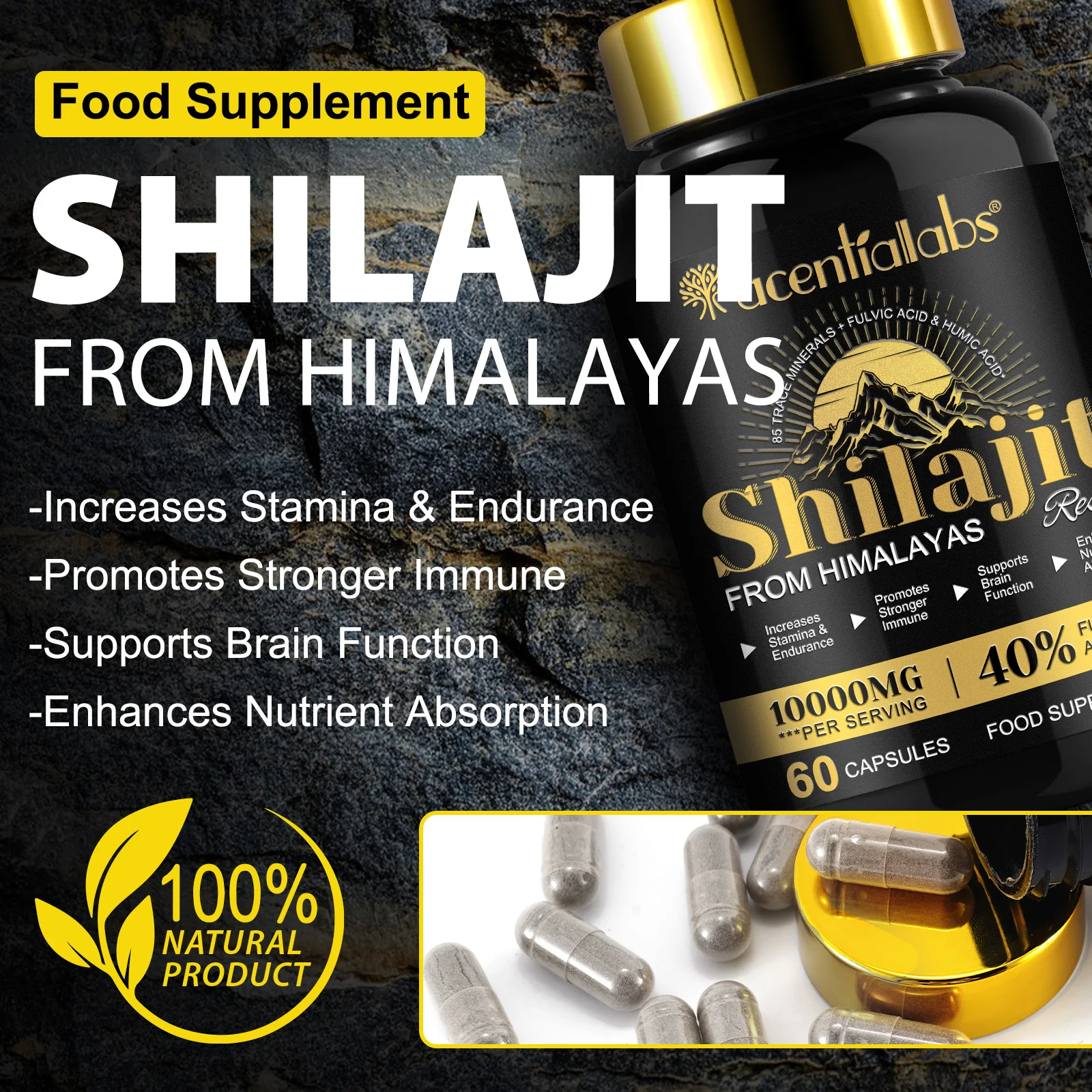 10000Mg Maximum Potency Organic Capsules 60 Count Promotes Stronger Immune Food Supplement Pure Himalayan Shilajit Capsules