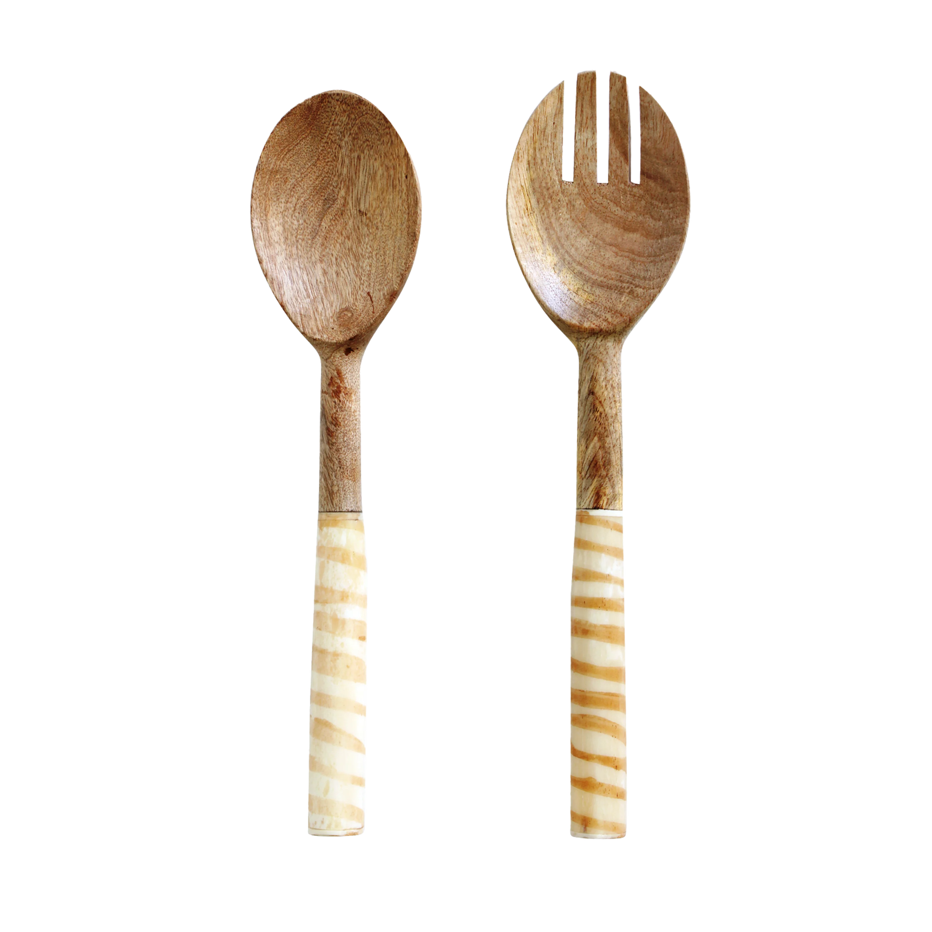 Natural & White bone & wood salad servers 30cm green with envy Set of Handmade Wooden Salad Server Spoons Forks Utensils