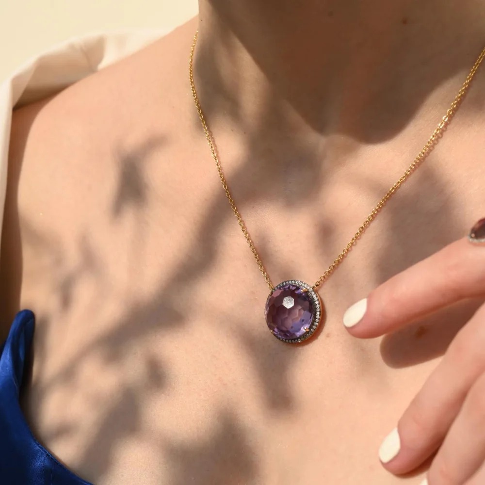 Handmade 100% Natural Round Football Cut Amethyst And Diamond 14K Solid Yellow Gold February Gemstone Necklace Fine Jewelry