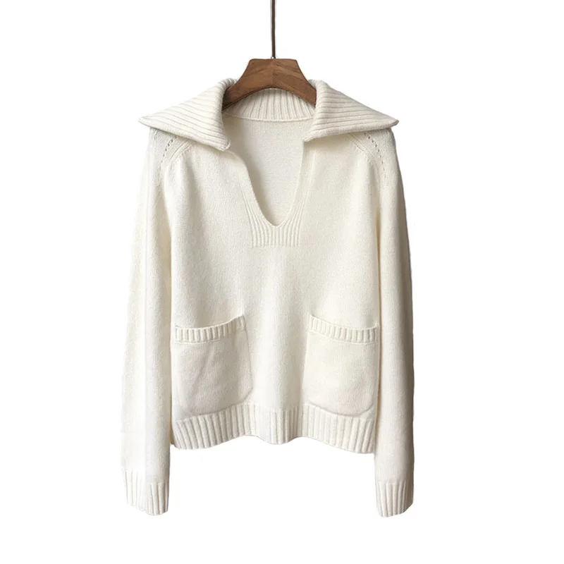 Women Elegant  Designer Sailor Collar Cashmere Wool Knit Jumper Sweater with Pockets