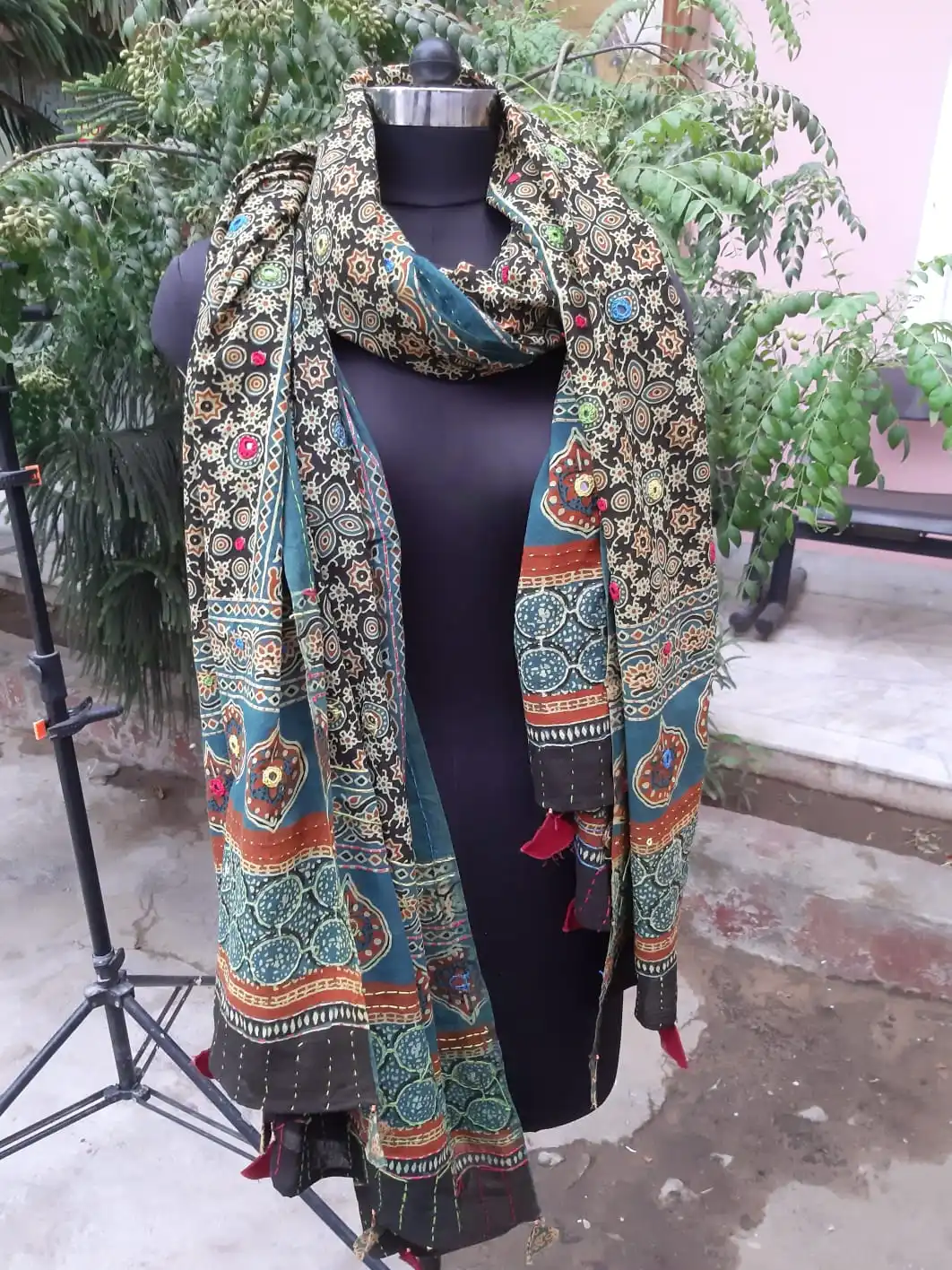 Beautiful Hand Block Printed Cotton Mirror Work Dupatta For Women Neck Accessory, Cotton Scarf with Border Printed, Embroidered