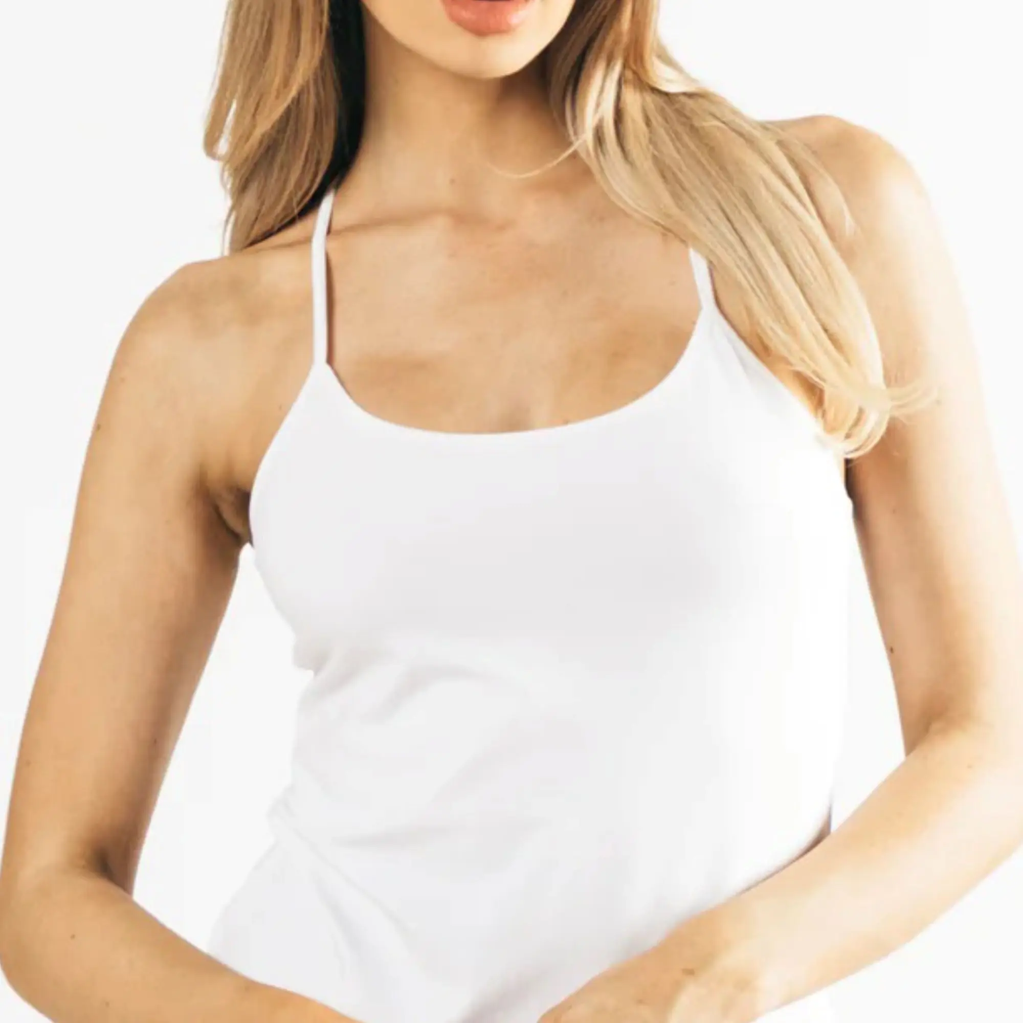 92% Cotton 8% Elastane Camisole Neckline Scoop Hem Low profile shoulder Straps White Womens Full Length Premium Tank Top