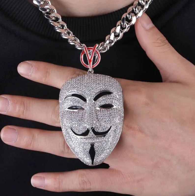 Hip Hop Bling Jewelry Iced Out VVS Moissanite V for Vendetta Pendant Rapper Sterling Silver 925 Custom Mask Pendant