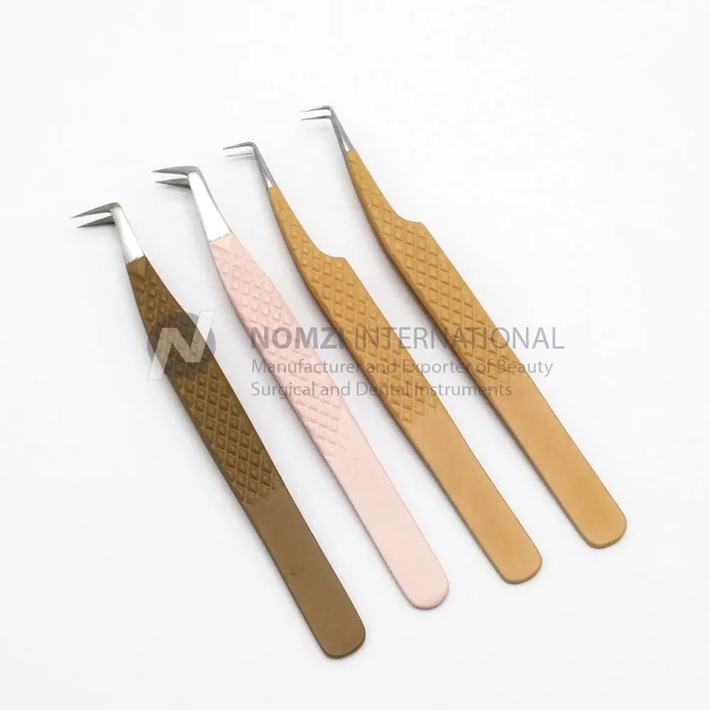 Stainless steel Private Label Brown Pink Color Stainless Steel Diamond Grip Eyelash Extension Tweezers With Custom Packing