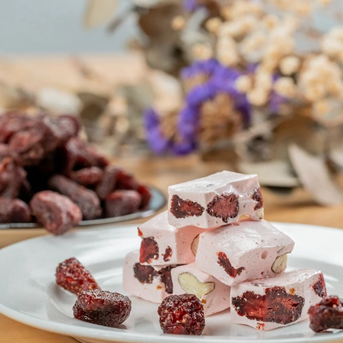 Hot Selling Sweet Semi-Soft Custom Candy Block Shape Strawberry Almond Nougat