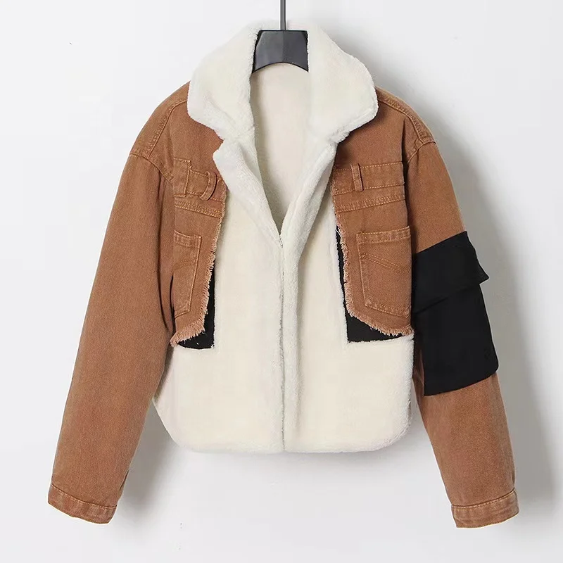 Fashion Winter Women Coat Blue Patchwork Denim Jacket Lamb Cashmere Denim Stitching Velvet Thick Wool Coat Women