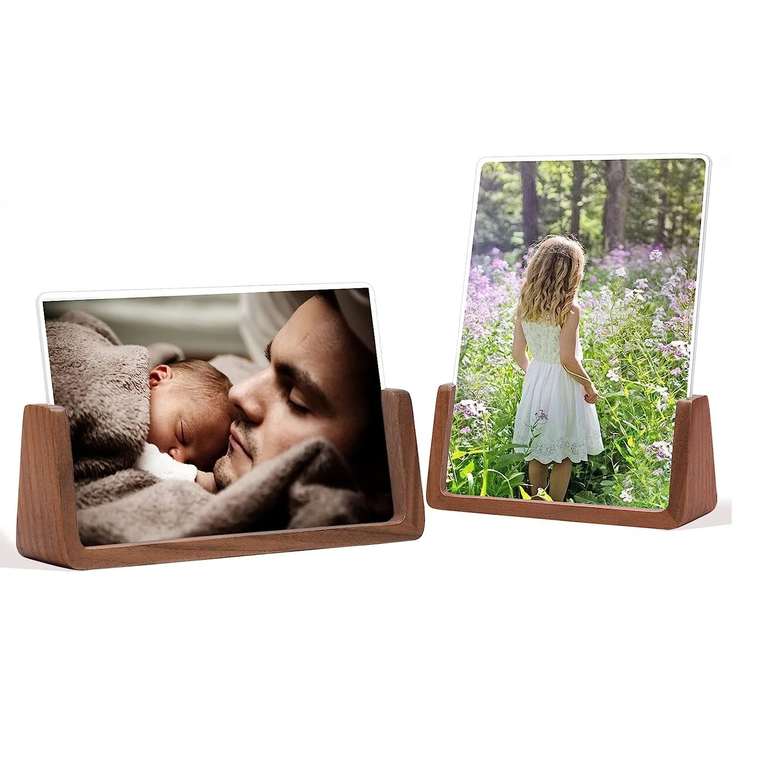 5X7 Walnut Wooden Picture Frame,Brown Photo Frame with Double Side Acrylic Glass Cover, 2pcs Horizontal Vertical Photos