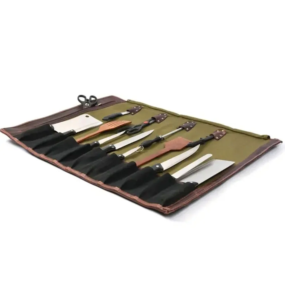 High Quality Leather Chef Tool Roll Up Bag Multi Chef Tool Storing Pouch Professional Chef Knife Roll Bag