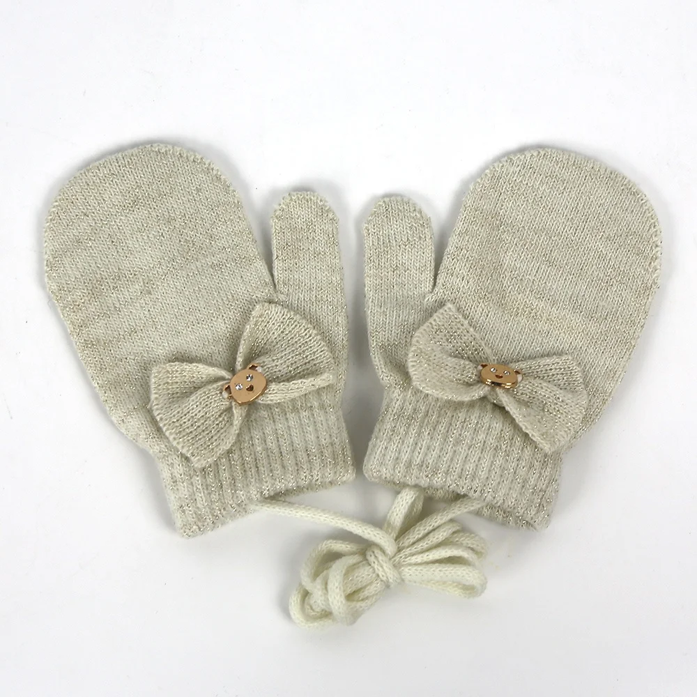 Plain Infant Baby Sting Knit Mitt Glove with Lanyard and Sewing Bowknot