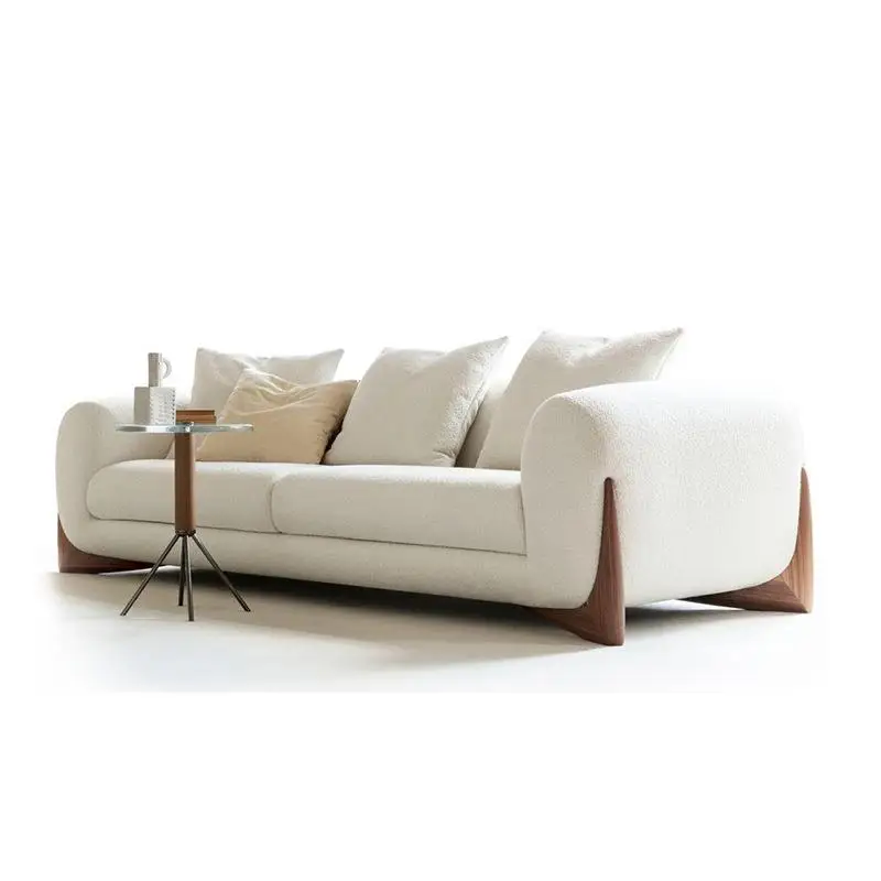2022 Italian Design Living Room Teddy Sofa Upholstered White Boucle Fabric Solid Canaletta Walnut Feet Luxury Lambwool Sofa