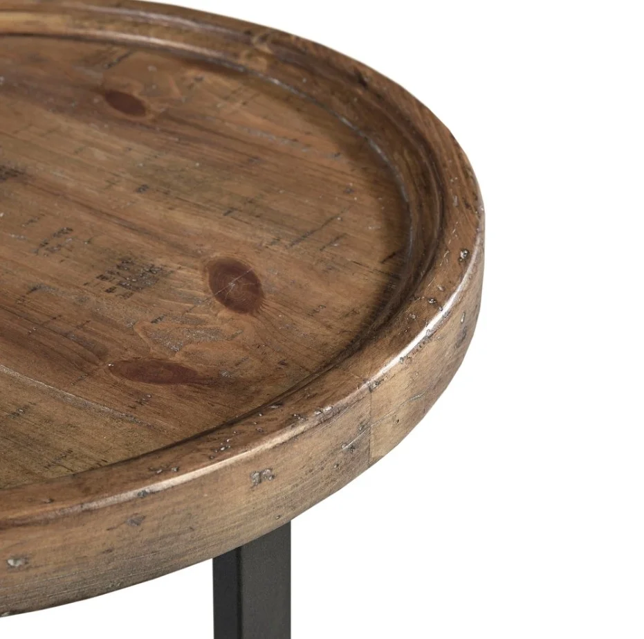 Modern Design Best Selling Wooden Top Round Side Table With Black Metal Base for Home Living and Bedroom Furniture.