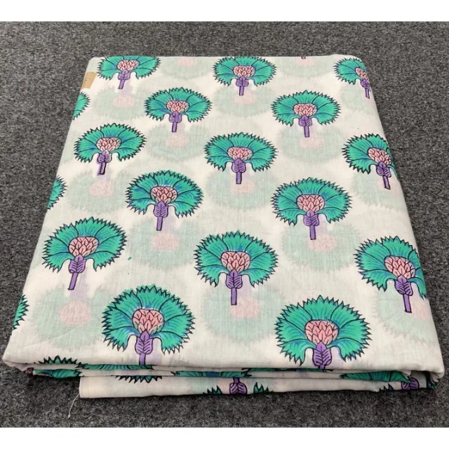 Indian Block Print Floral Cotton Fabric by the Yard Hand-Printed Lightweight Sewing Dressing & Cover Making Material
