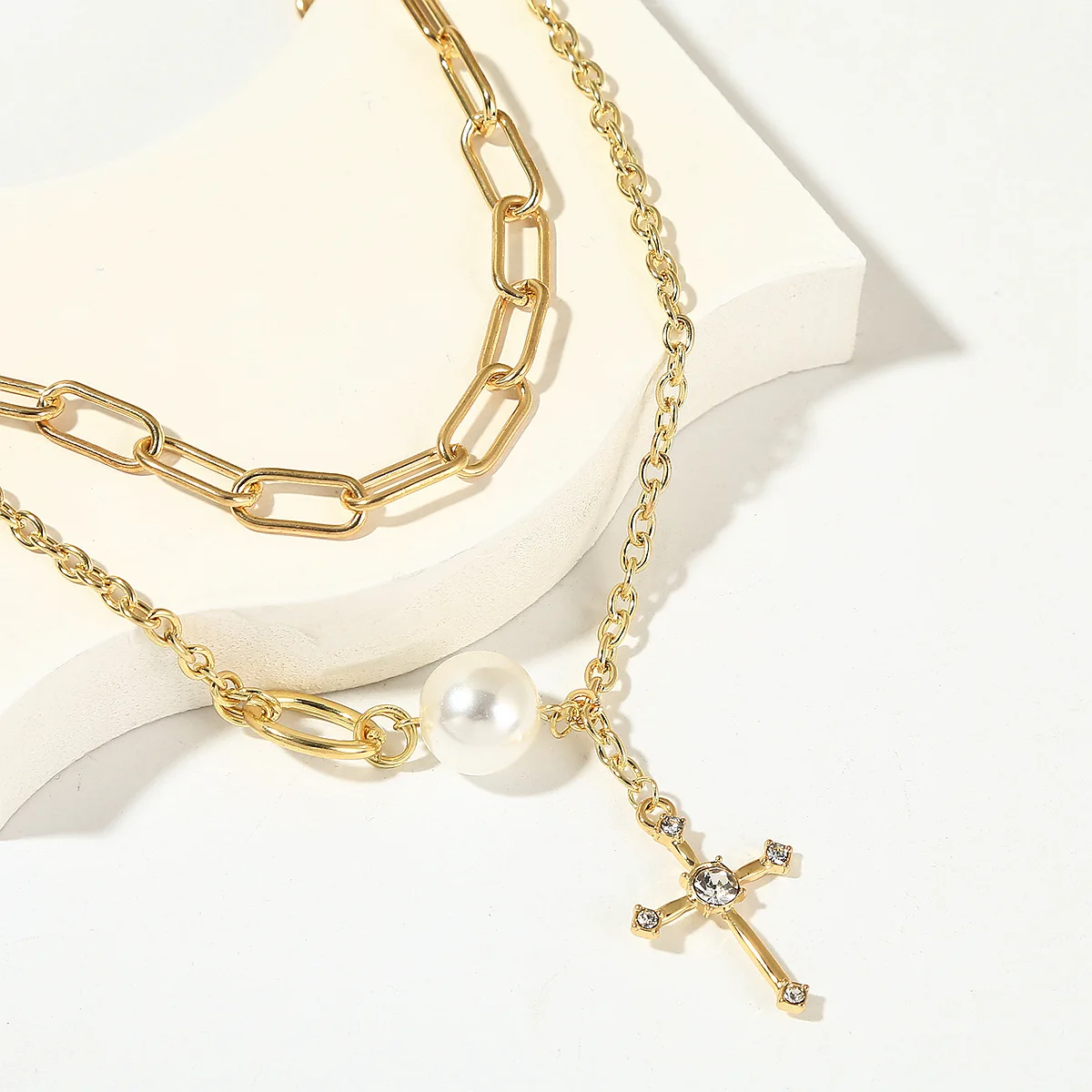 Fashion Jewelry Large Pearl Zircon Silver Plated 2 Layered Chain Cross Pendant Necklace Women