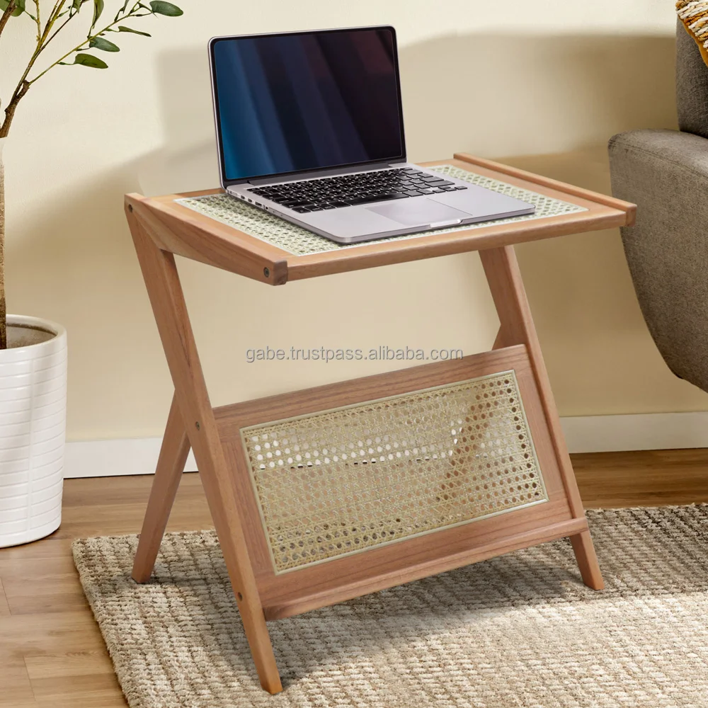 Side Table for laptop stand Mini Solid wood Natural with rattan combination