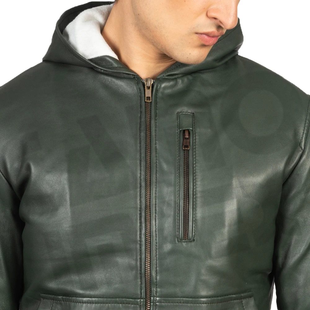 Wholesale OEM ODM Full Sleeves Hooded Real Leather Zipper Up Green Leather Bomber Jackets New Arrivals Sheepskin Hooded Jackets