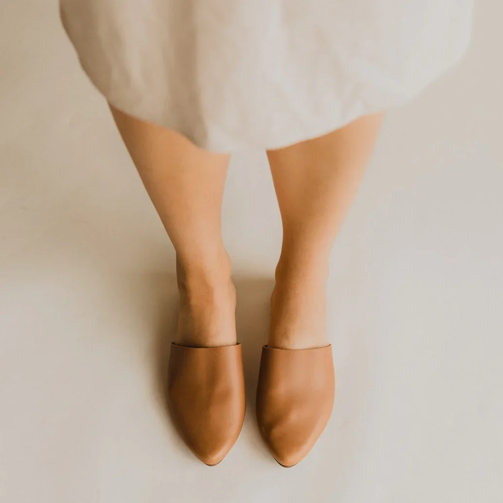 Handmade Moroccan Leather Mules Flat Comfortable Women Shoes Slippers Brown Color Fashion Leather Shoes Mule