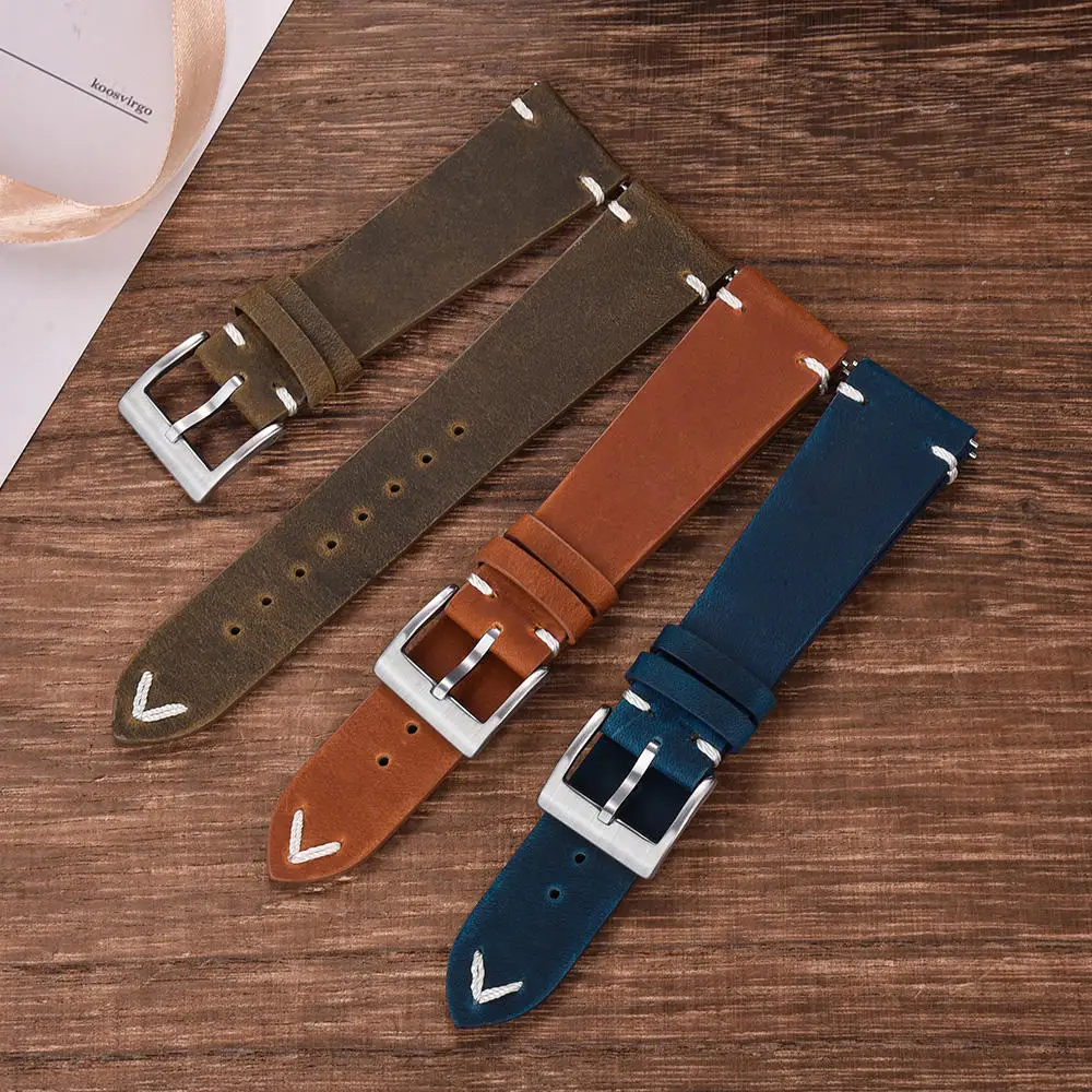 Eraysun Leather Watch Straps Genuine Crazy Horse Black Brown Leather Watch Band 18mm 20mm 22mm Vintage Leather Watch Strap