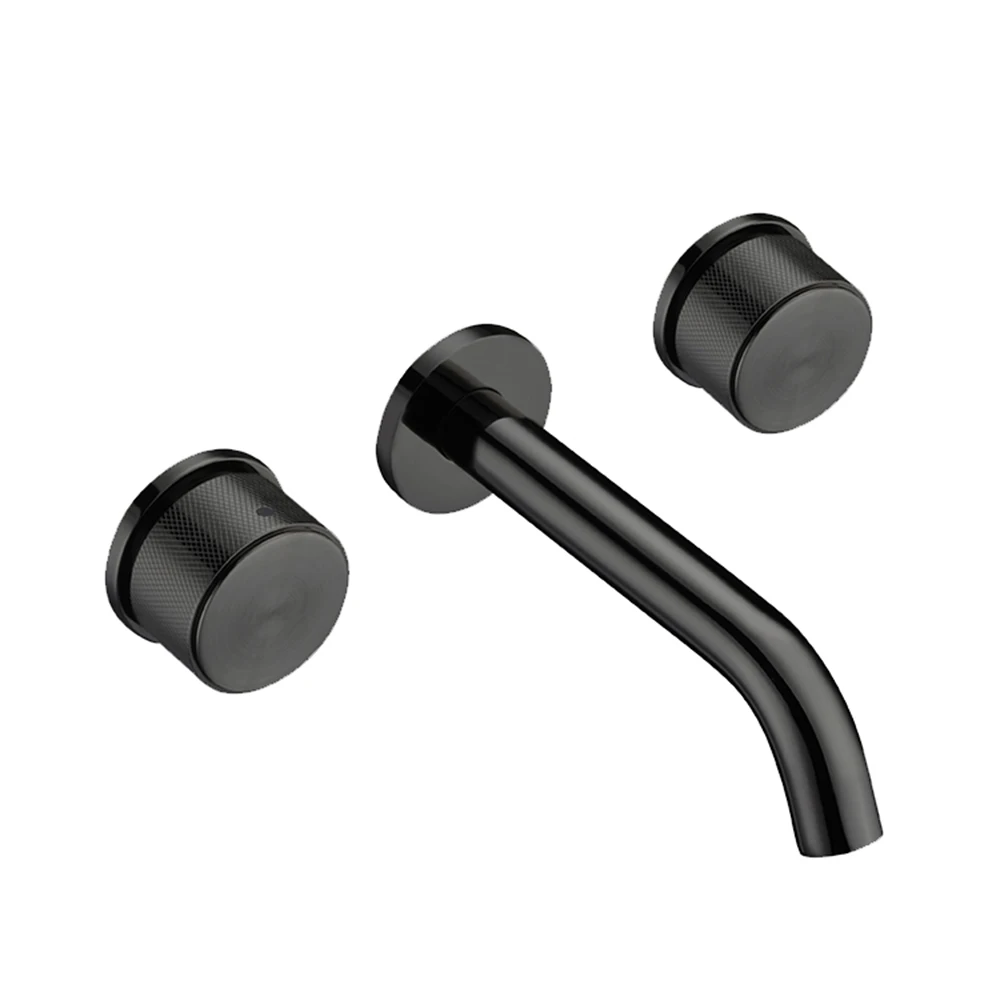 Round Dual Handles Wall Mounted Hot and Cold Solid Brass Bathroom Basin Mixer Faucets